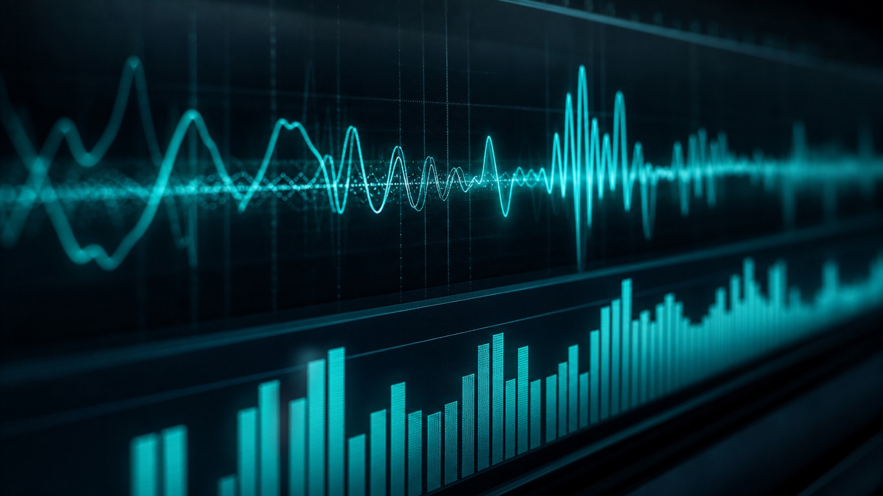 Abstrakte Datenanalyse-Visualisierung mit Liniendiagrammen und Netzwerkknoten auf dunklem Bildschirm