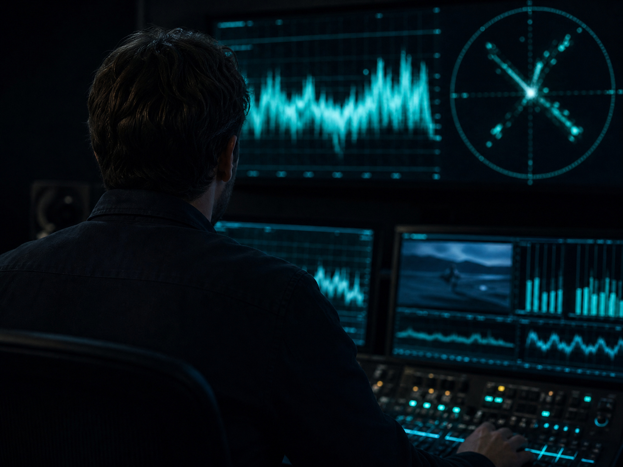 Operator an der Bildmischung vor einer Multiviewer-Wand